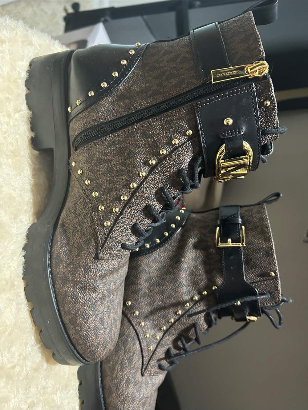 Michael Kors Brown Logo Combat Boots with Gold Hardware